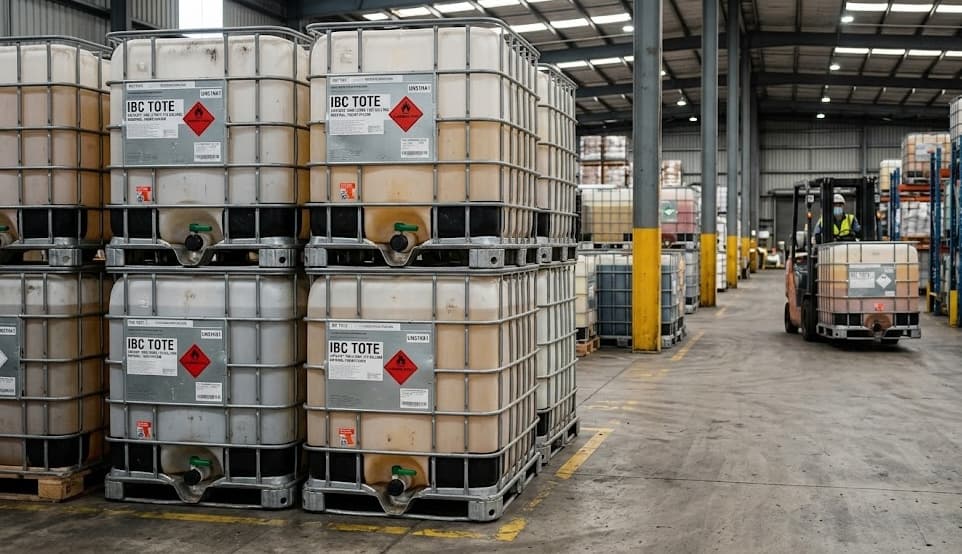 IBC totes stacked in our San Francisco warehouse facility