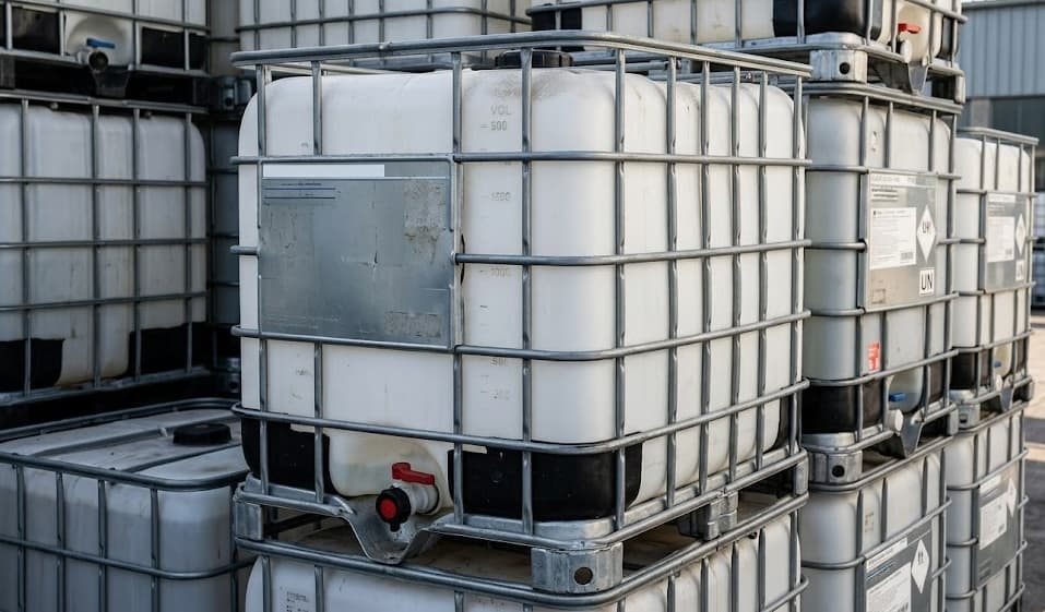 Close-up view of stacked IBC totes showing steel cage and valve detail