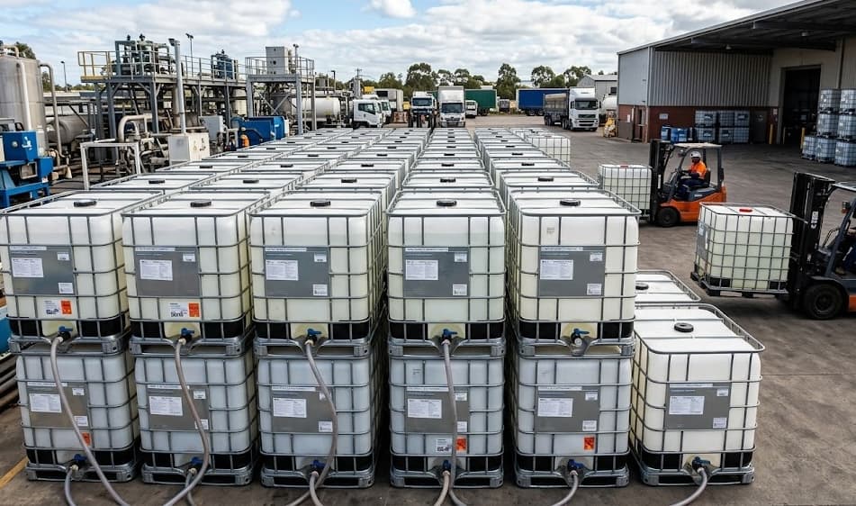 Aerial view of IBC San Francisco outdoor processing yard with hundreds of IBC containers