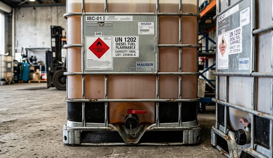 Close-up of IBC tote showing UN 1202 hazmat label, GHS marking, and Mauser manufacturer plate